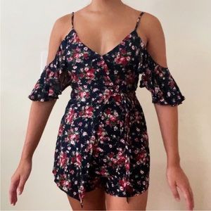 LF Navy Blue Ditsy Pink Floral Off Cold Shoulder Wrap Surplice V Neck Romper